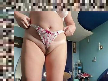 Chubby amateur Strip dance in underwear. Sexy panties Thong on hairy pussy. Bra fetish striptease.