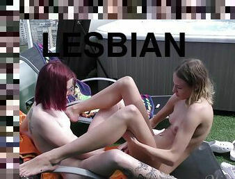 utendørs, lesbisk, milf, leke, blond, tattoo