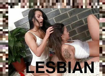 Nasty lesbian shag for a couple of brunette sex goddesses