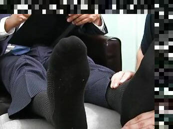 Classy Latino businessman foot worshipped by amateur dude