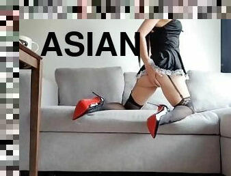 asiático, criada, masturbação, escravo, gozando, meias, ejaculação, chinesa, domínio-feminino