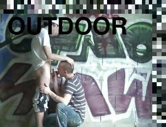 Nathan fucked by straight badboy homeless in exhib outdoor place