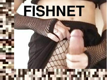 Horny femboy in fishnets show off his booty and plays with his dick ????