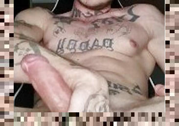 Tattoo hunk jerking his big juicy big huge cock