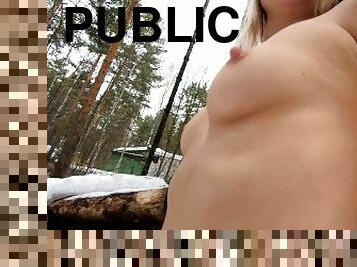 Nude Girl walking in an abandoned campsite