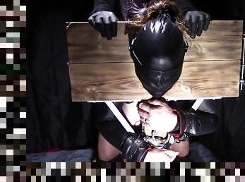 Spanked and fucked hard in the pillory stockade - using gift from a fan