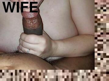Hot blow job and trembling cumshot between wifey's big tits