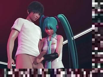 Miku jerks off cock to guest in public