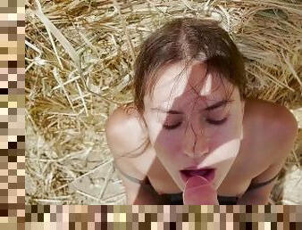 POV Slutty cowgirl agrees to suck stranger's cock and swallow cum in public fields