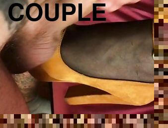 Miss CoupleToe in yellow platform shoes tortures a cock
