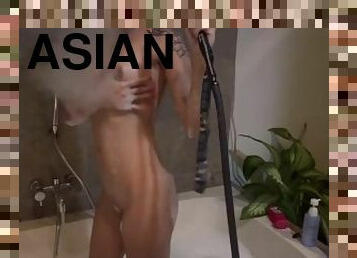 asiático, banhos, teta-grande, estilo-cão, cona-pussy, amador, ejaculação, loira, fudendo, fumando