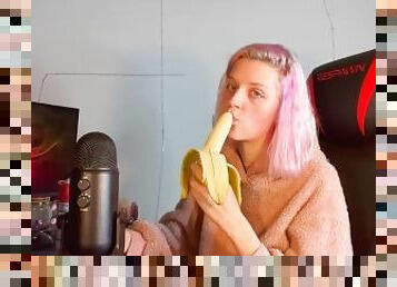 amatör, brudar, avsugning, tonåring, blond, petit, ensam, banan, sugande