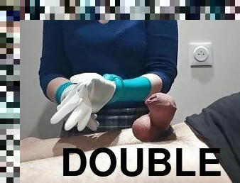Nurse double gloves handjob condom and fleshlight