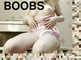 girl with big boobs masturbates in the kitchen