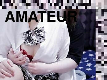 store-patter, gravid, amatør, japans, creampie, par, hentai, uniform