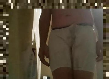 Desperate Wetting! Held it for over 6 hrs! Huge cumshot after soaking my white shorts in PISS!