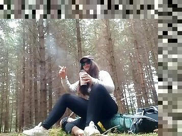 sitting and trampling in the forest on a slave