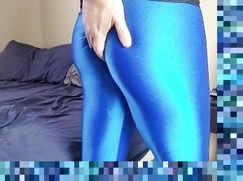 Spandex boy masturbating and cumming on shiny leggings