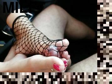 Lovely sexy fishnet socks footjob in the car, great closeups