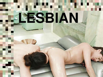 Charming Mindi Mink and Shyla Jennings have lesbian sex after a shower
