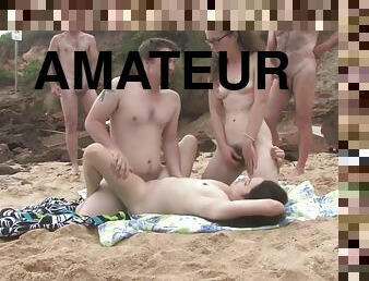 fête, amateur, ados, maison, sexe-de-groupe, plage, fou, trio, double, brunette