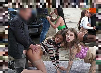 Group fuck for bitches Rebecca Volpetti, Lady Gang and Eden Ivy from taxi drivers on the street