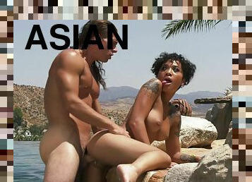 Short-haired Asian chick gets fucked in the water