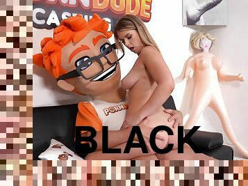 Porndude Makes Hot Blonde Moan With Pleasure On His Black Couch With Riley Reign