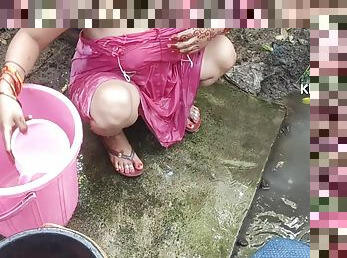 Indian House Wife Bathing Outside