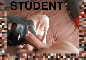 Obedient Student In Mask Sucks Cock And Gets Huge Cumshot