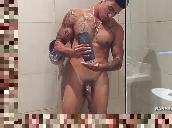 baignade, masturbation, ejaculation-sur-le-corps, gay, latina, secousses, jeune-18, douche, solo, musclé