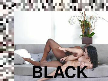 Tia Cyrus sucks and fucks giant black cock on the sofa