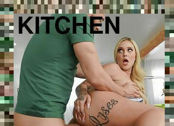 Bootylicious babe Kali Roses gets oiled up and fucked in the kitchen