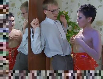 Cock starved brunette MILF seduces young nerd in eyeglasses