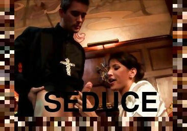 Salacious brunette seduces priest to fuck her hard