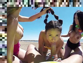 Very Hot mobsters - foursome POV on the beach with 3 busty babes