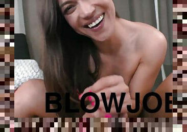 cute brunette Alyssa Reece gives POV blowjob and handjob for cumshot