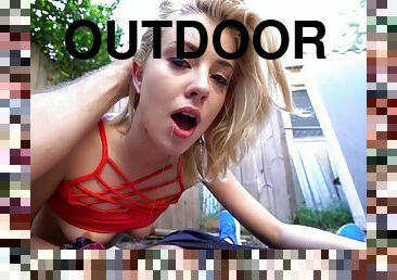 Slim blonde in red outfits rides boyfriend's cock outdoors