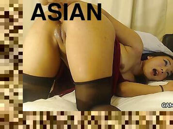 perfect pantyhose asian puts a dildo in her inviting rear