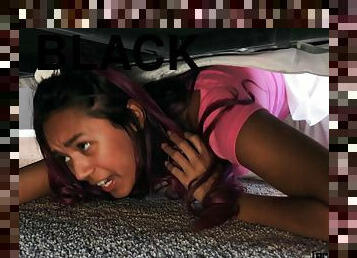 Who can help cute black teen girl stucking under the bed?