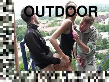 Outdoor threesome with young busty euro babe Kitty Jane - blowjob