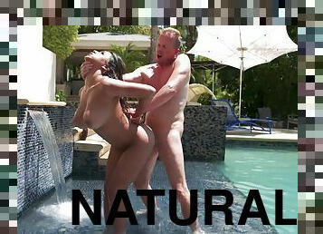 Autumn Falls Natural Breast Worship - Busty Latina fucked in the pool outdoors