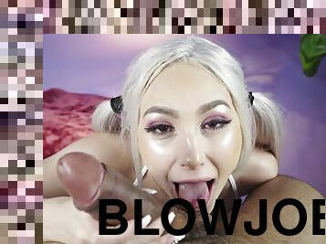 Pigtailed blonde Skyler Vox gives POV blowjob & titjob with Cumshot