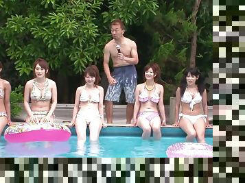 Pool side blowjob competition with many young JAV cock suckers
