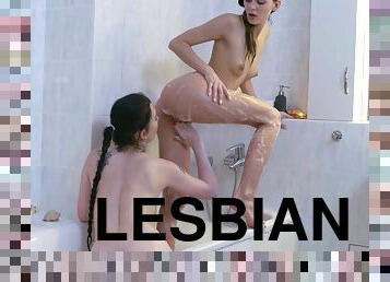 bañando, coño-pussy, lesbiana, adolescente, bonita, ángel