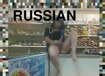 Russian plump mature masturbates shaved pussy with toy in the store