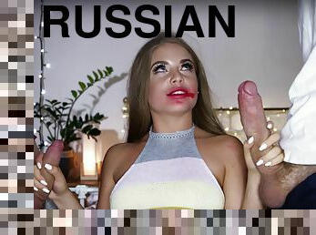 Russian Tiny Pornstar With Slut's Lipstick Sucks Two Huge Cocks