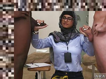 Arab Muslim lady in glasses gives handjob in Black vs White interracial threesome