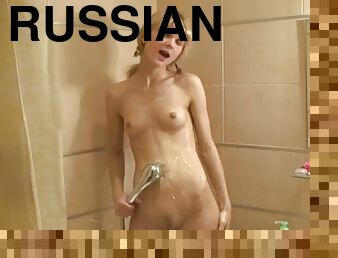 banhos, russo, babes, adolescente, loira, pequeno, chuveiro, sozinho