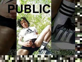 Adidas twink walks, jerks off, cums and pisses in public park